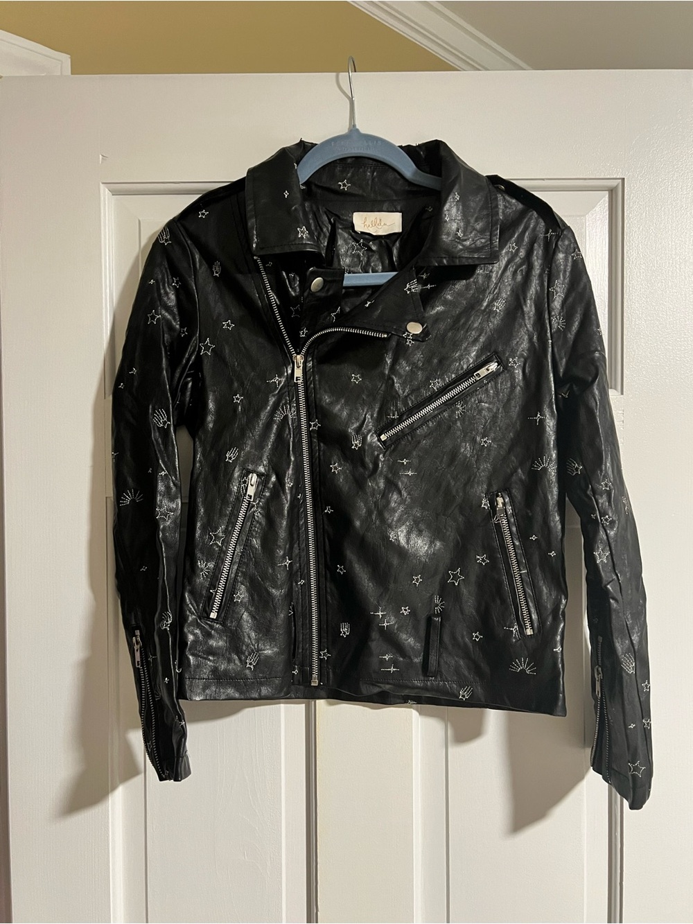 Black Faux Leather Star-Accent Moto Jacket